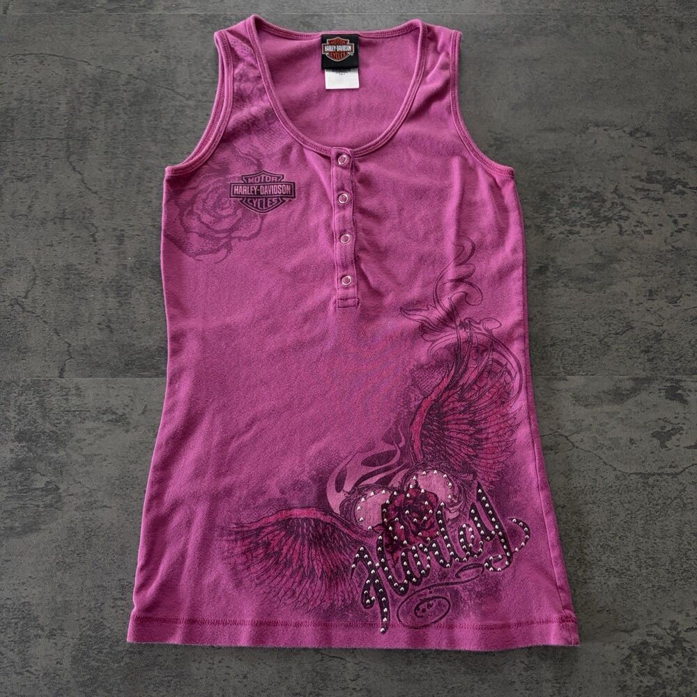 Harley Davidson Women’s Tank Top Medium Pink Rhinestone Dazzle Grunge Y2K Tattoo